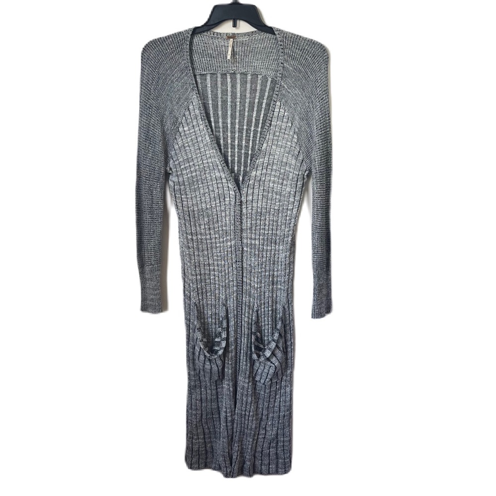 Free People shawdow striped long cardigan size S longline retro rib snap button